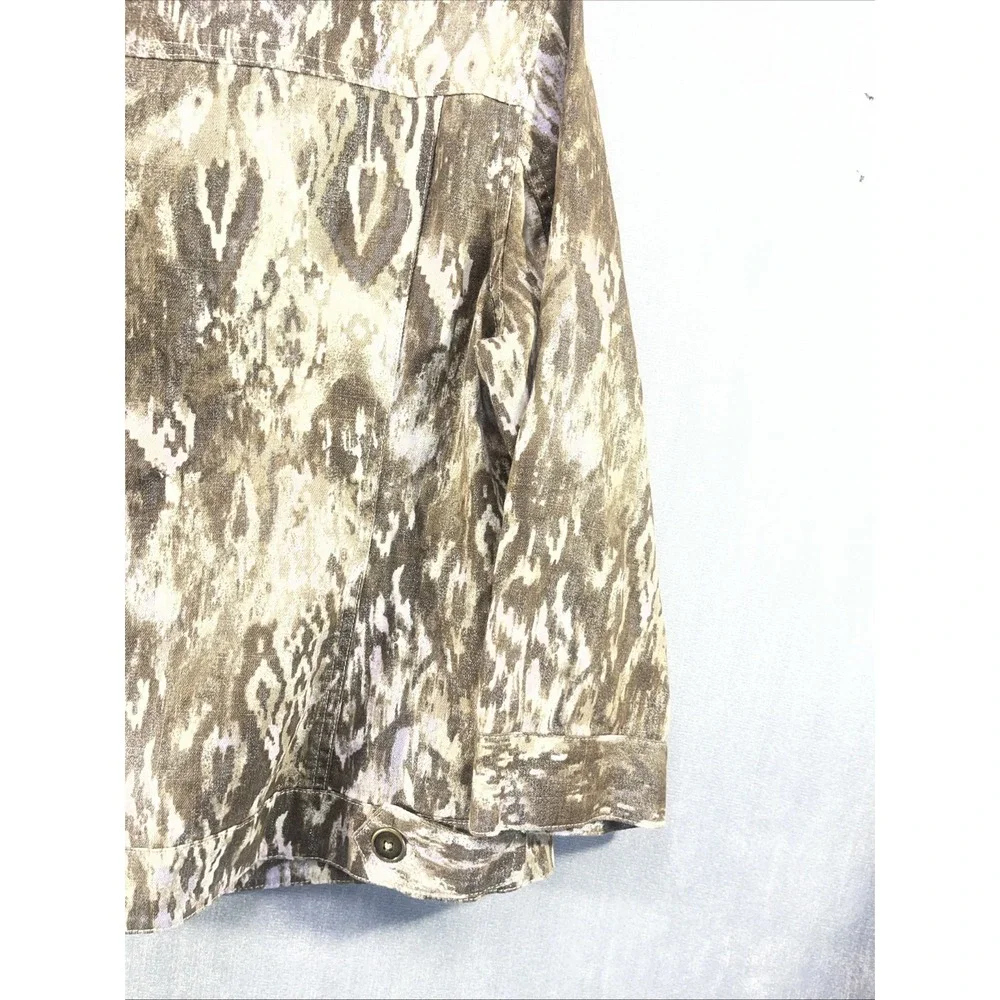CHICO'S 3/4 Sleeve Jacket Brown Beige Print Linen Blend Size 1 NWT